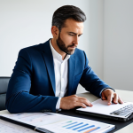 A focused male entrepreneur in a professional business suit, meticulously reviewing financial documents and binders on a sleek, minimalist desk in a bright, modern office. A laptop is open displaying charts, symbolizing the careful preparation for a business sale. The atmosphere is organized and diligent, reflecting strategic thought. The entrepreneur's expression is thoughtful and composed. Fully clothed, appropriate attire, modest clothing, safe for work, appropriate content, professional, perfect anatomy, correct proportions, natural pose, well-formed hands, proper finger count, natural body proportions, high-quality professional photography, detailed, realistic.