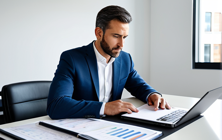 A focused male entrepreneur in a professional business suit, meticulously reviewing financial documents and binders on a sleek, minimalist desk in a bright, modern office. A laptop is open displaying charts, symbolizing the careful preparation for a business sale. The atmosphere is organized and diligent, reflecting strategic thought. The entrepreneur's expression is thoughtful and composed. Fully clothed, appropriate attire, modest clothing, safe for work, appropriate content, professional, perfect anatomy, correct proportions, natural pose, well-formed hands, proper finger count, natural body proportions, high-quality professional photography, detailed, realistic.