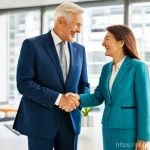 비즈니스 출구 전략과 기업의 비전 일치시키기 - **Prompt:** "A vibrant, modern office interior flooded with natural light. An experienced, distingui...