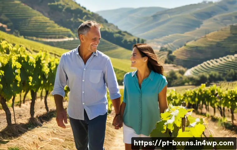 비즈니스 출구 전략의 변화 관리 기법 - **Prompt:** A sun-drenched vineyard in the Douro Valley, Portugal. An experienced, but youthful-look...