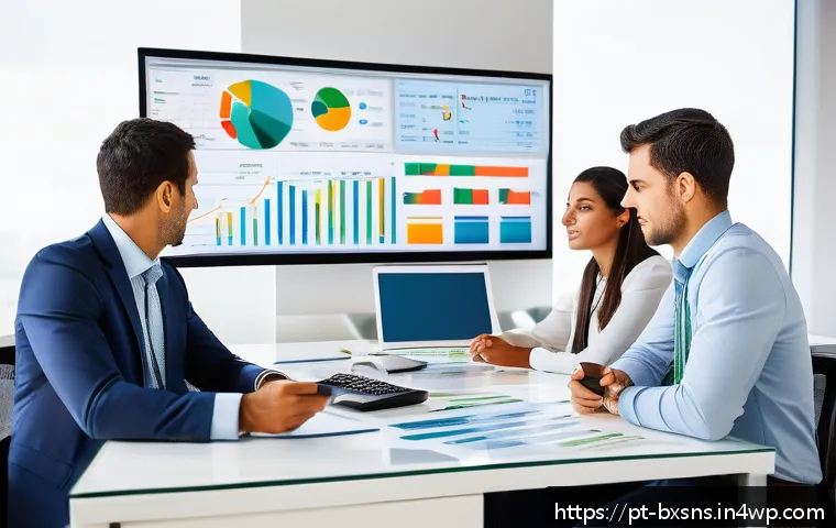 출구 전략 설계 시 재무 건전성 평가 방법 - A modern Brazilian small business office setting with a diverse team of professionals analyzing deta...