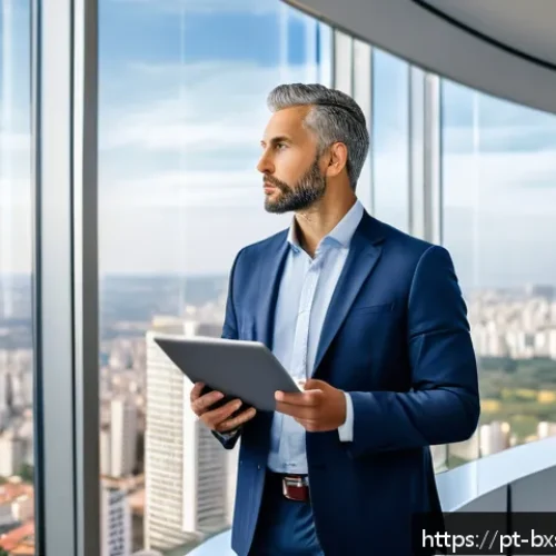 Home 31 비즈니스 출구 전략을 위한 리더십 개발 - A confident business leader standing in a modern office with floor-to-ceiling windows overlooking a ...