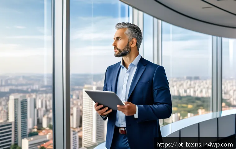 비즈니스 출구 전략을 위한 리더십 개발 - A confident business leader standing in a modern office with floor-to-ceiling windows overlooking a ...