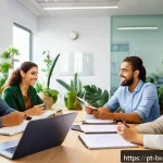 Home 18 직원 유지를 위한 출구 전략 설계 방법 - A modern Brazilian office scene showing a diverse group of professionals engaged in an active feedba...