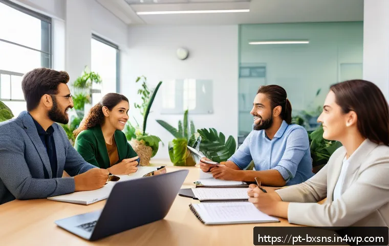 직원 유지를 위한 출구 전략 설계 방법 - A modern Brazilian office scene showing a diverse group of professionals engaged in an active feedba...