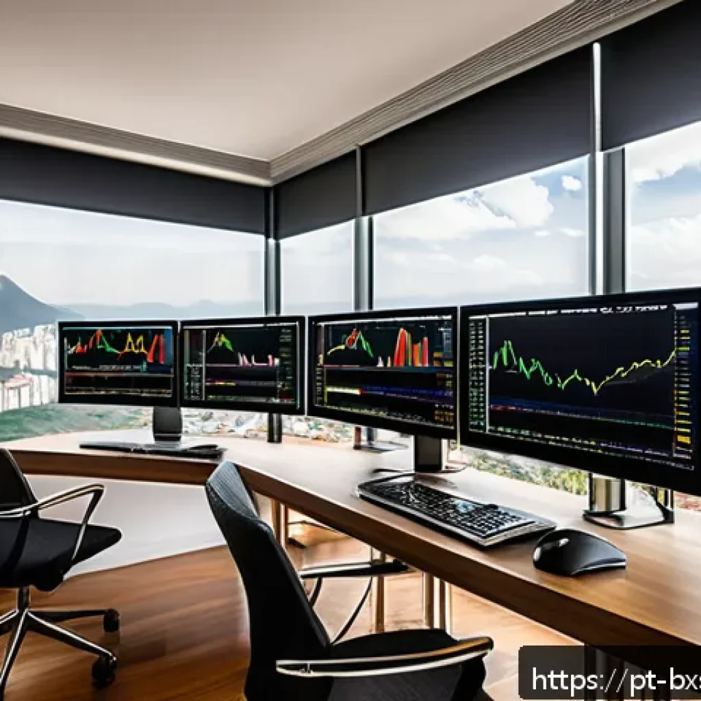 출구 전략을 위한 자산 분배 계획 - A modern Brazilian investor’s home office setup featuring dual computer monitors displaying real-tim...