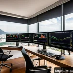 Home 23 출구 전략을 위한 자산 분배 계획 - A modern Brazilian investor’s home office setup featuring dual computer monitors displaying real-tim...