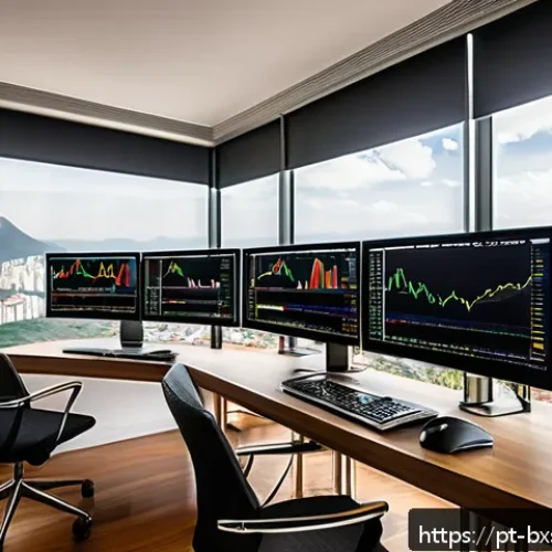 Home 17 출구 전략을 위한 자산 분배 계획 - A modern Brazilian investor’s home office setup featuring dual computer monitors displaying real-tim...