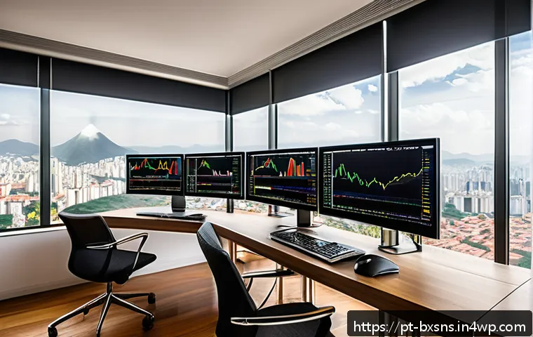 출구 전략을 위한 자산 분배 계획 - A modern Brazilian investor’s home office setup featuring dual computer monitors displaying real-tim...